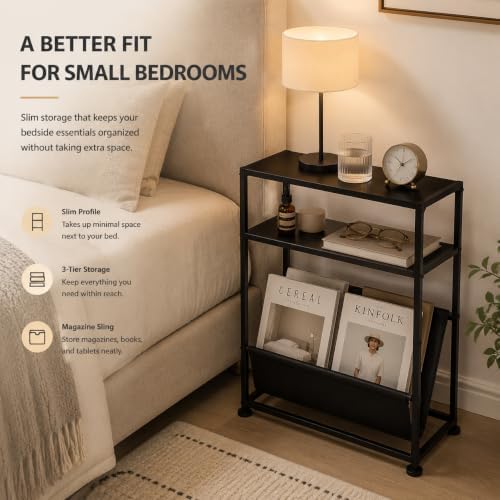Narrow End Table for Small Spaces - Slim Side Table with Magazine Holder,2 in 1 Design Narrow Coffee Table Living Room,Skinny Bedroom Nightstand Thin Side Magazine Table,Black