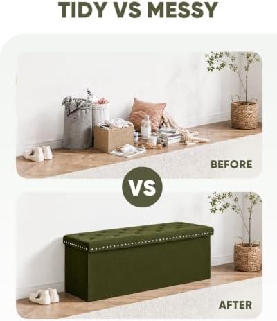 B FSOBEIIALEO Storage Ottoman Bench, 43" Velvet Ottoman With Storage, Olive