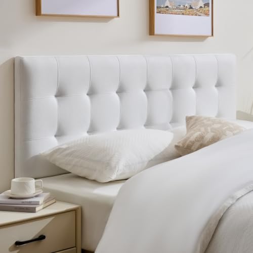 Linen Stitched Tufted King Headboard, Adjustable Height 37.2-42.3 in, White