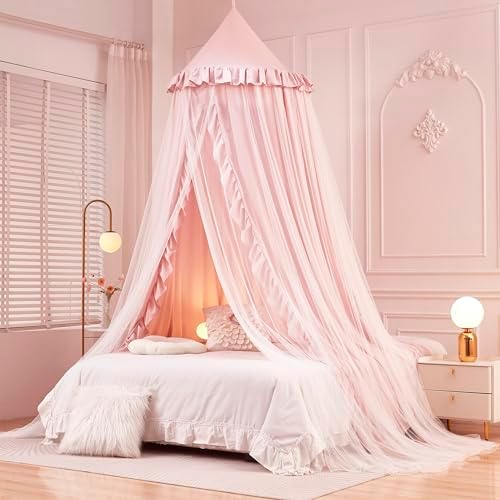 Mengersi Bed Canopy for Girls,Princess Round Dome Canopy Bed Curtains-Dreamy Mosquito Net Castle Play Tent Castle for Girls Room Decor (Beige Pink/Double)