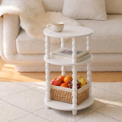 3-Tier Round Side Table, Small End Table with Solid Wood Spindle Legs White