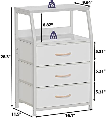 Furnulem White Night Stand with 3 Fabric Drawers , Small Bedside Table