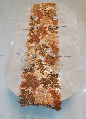 Fall Leaf Embroidered Table Runner 87 Inches for Thanksgiving and Autumn Harvest Decoration (16''x87'', Coffee Colored Maple Leaves)