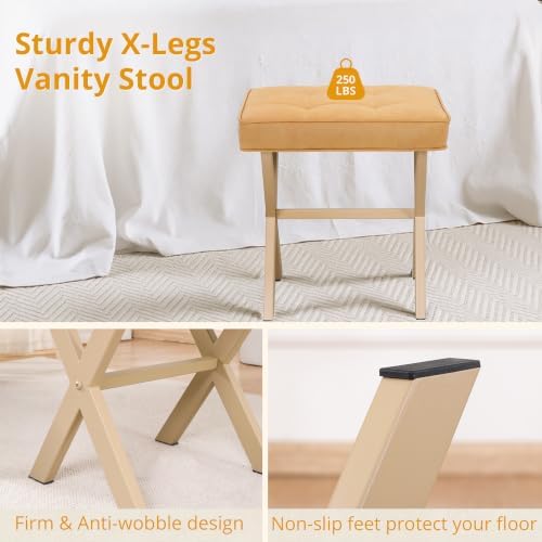 LUE BONA Vanity Stool, Square Linen Makeup Stool, Honey Brown