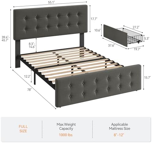 IDEALHOUSE Full Bed Frame with 4 Storage Drawers and Headboard, Light Grey