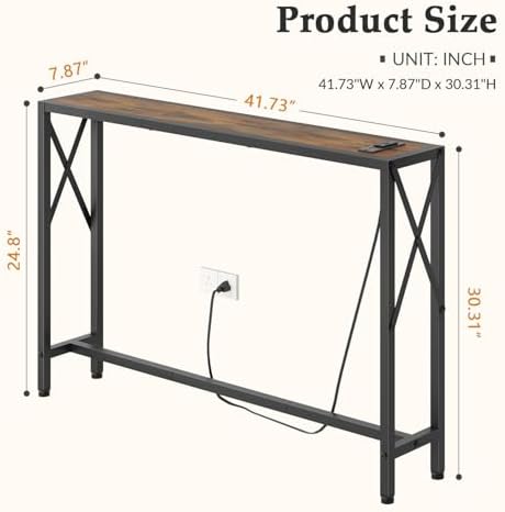 Gewudraw Narrow Console Table with Socket, Sofa Table Behind Couch, Brown