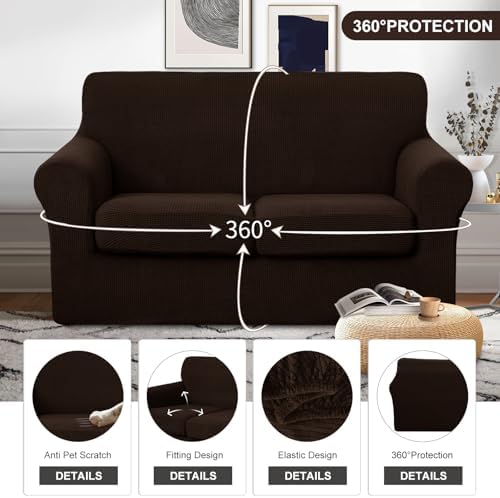 U-NICE HOME 3 Pieces Stretch Loveseat Couch Cover, Chocolate