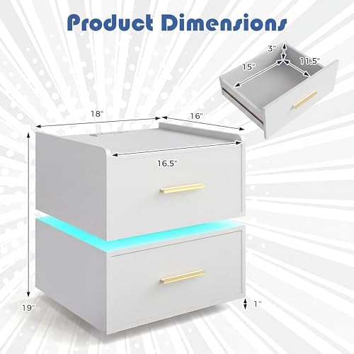 GIANTEX LED Night Stand Set 2 with Charging Station, Semi-Floating Bedside Table w/2 Storage Drawers, USB & Type-C Ports, Modern Couch End Sofa Side Table for Bedroom Small Spaces (White)