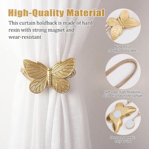 ZORZA 2Pcs Creative Butterfly Flying Bee Curtain Holders Vintage Magnetic Curtain Tiebacks Resin Decorative Curtain Ties for Drapes Home Office Hotel Décor (Butterfly)
