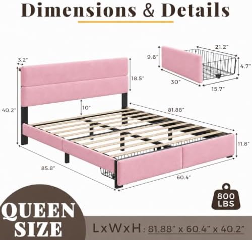 Queen Bed Frame with 2 Storage Drawers, Pink Velvet Upholstered