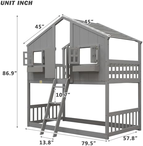Twin Over Twin House Bunk Bed with Roof and Window, Gray