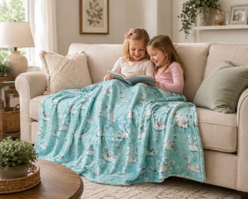 Soft Fleece Throw Blanket, Farmhouse Elegant White Swans Aqua, 50x70