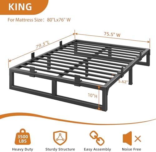10 Inch Metal King Bed Frame with Steel Support, Noise-Free