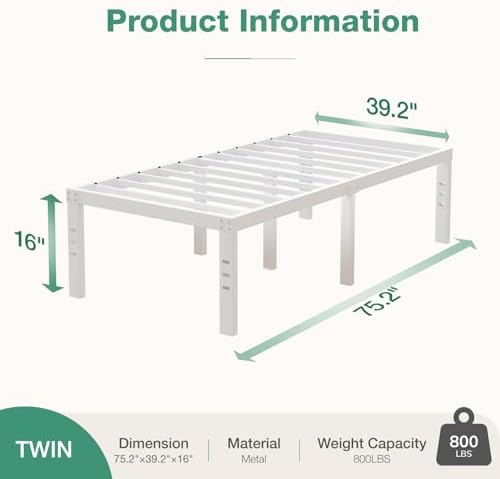 Novilla Twin Bed Frame, 16 Inch Metal Platform Bed Frame Twin Size with Storage Space Under Bed, Heavy Duty Steel Slat Support, Easy Assembly, No Box Spring Needed, White