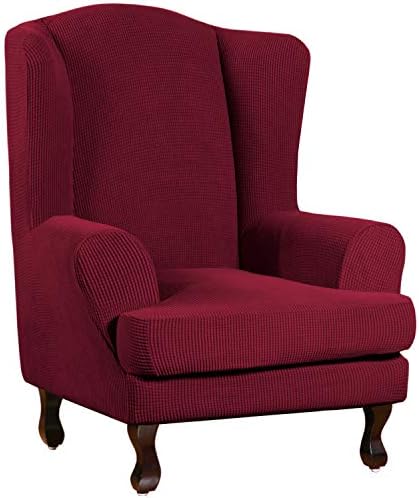 Turquoize Wingback Chair Covers 2 Piece Wing Chair Slipcover Stretch Slipcovers for Wingback Chairs Wing Chair Cover Spandex Jacquard Fabric with Elastic Bottom Non-Slip Furniture Cover, Burgundy