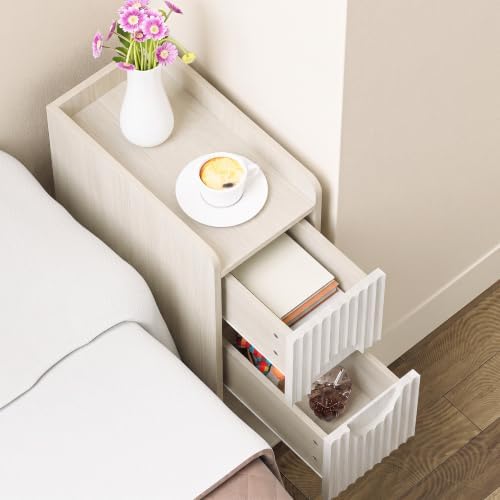 Narrow Nightstand Set of 2, Wood 2 Drawer Narrow Nightstand, Skinny Night Stand with Open Storage, Mid Century Modern Slim Bedside Table for Bedroom, White Grey Oak