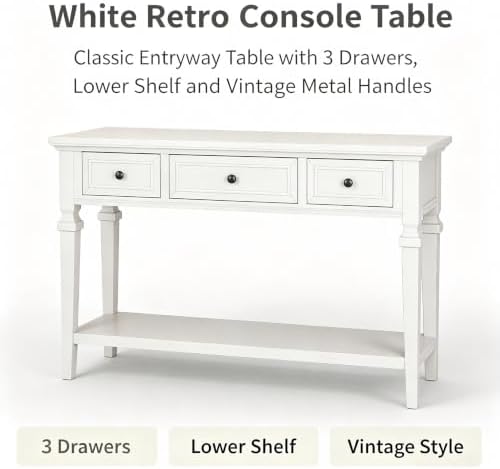 VEADONS Antique White Classic Retro Console Table with 3 Storage Drawers & Spacious Open Bottom Shelf, Vintage Entryway Sofa Accent Table with Simple Assembly for Hallway Living Room