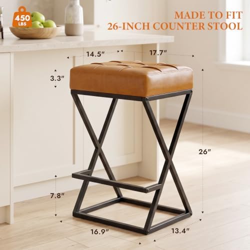 Bar Stools Set of 4, 26 Inch Counter Height Stool Faux Leather Brown