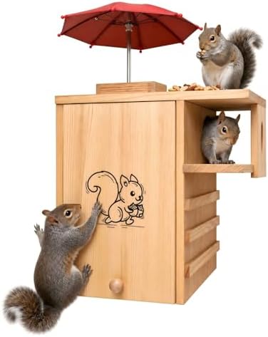 Large Wooden Squirrel House Outdoor，Nest Box with Feeder & Predator Guard