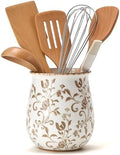 Utensil Holder for Kitchen Counter, Modern Farmhouse Cooking Utensil Holder and Crock Home Kitchen Decor, Ceramic Utensil Organizer for Spatula, Ladle, Eggbeater, Rolling Pin- Brown Flower Patterns