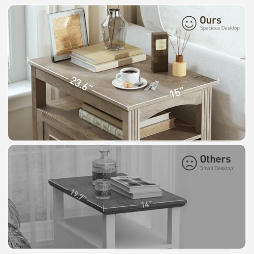 RALGEND Farmhouse End Table with 2 Drawers Set of 2, Greige