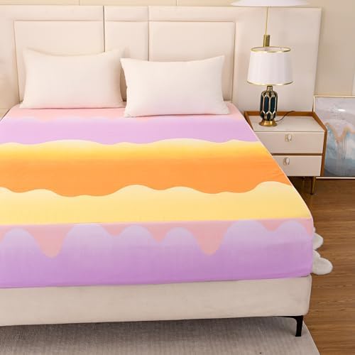 Bedding Fitted Sheet with Deep Pocket,Thicken Printed Fabric Bed Sheets (Orange, Queen)