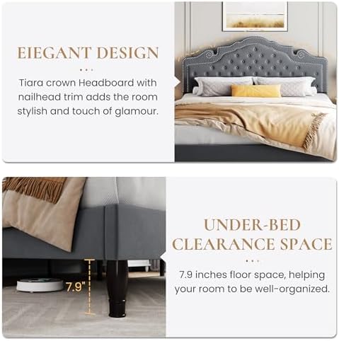 SHA CERLIN King Size Platfrom Bed Frame with Adjustable Headboard/Velvet Upholstered Diamond Button Tufted and Metal Studs/No Box Spring Needed/Easy Assembly/Woodenen Slat Support/Light Grey