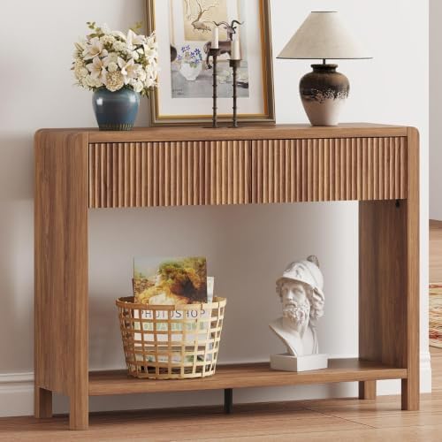 FATORRI Console Table with Storage, Mid-Century Farmhouse Entryway Table with Drawers and Shelf, 39.37 inch Wood Sofa Tables Behind Couch for Living Room, Hallway, Kitchen, Foyer (Walnut)