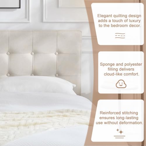 Linen Tufted Headboard King Size, Solid Wood King Headboard Only, Beige