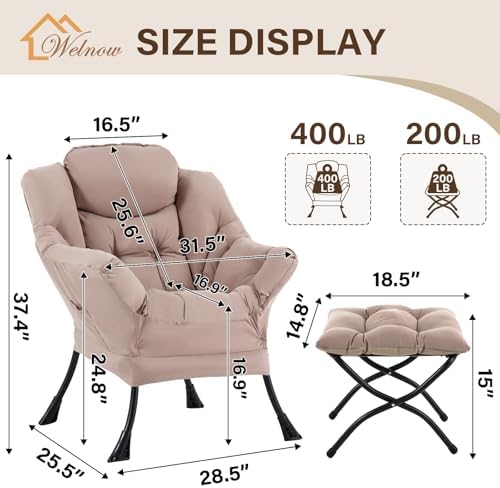 Welnow Lazy Chair with Ottoman, Reading Chair with Footrest，Khaki