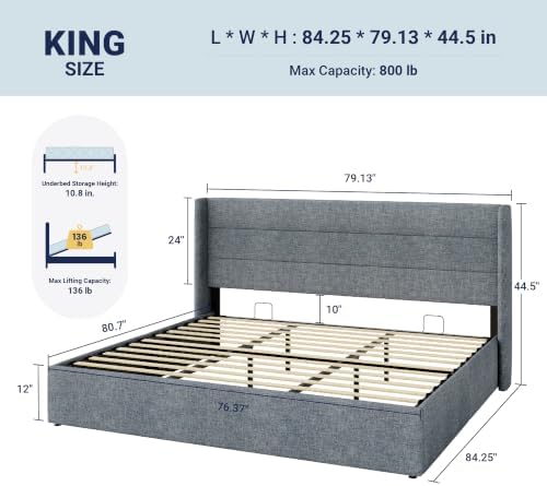 Allewie King Size Lift Up Hydraulic Storage Bed Frame Blue Grey