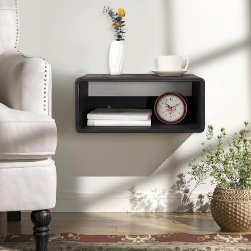 Wood Floating Nightstand Side Table 18”x 10”x 7.5” Rustic Black, Modern Wooden Floating Nightstand for Bedroom Bedside Table for Bedroom Office Home Decor