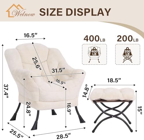 Welnow Lazy Chair with Ottoman, Reading Chair with Footrest, Cream