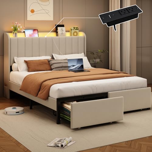 Queen Size Bed Frames with Storage Headboard and 2 Drawers, Upholstered Platform Bed Frame Queen with Led Lights and Handy Charging Station, No Box Spring Needed, Easy Assembly, Noise Free, Beige