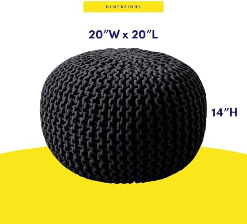 Pouf Ottoman Foot Rest Stuffed – 20” Diameter x 14” Tall Cozy Floor Pouf for Living Room, Bedroom, Nursery & More – 100% Cotton Knit Shell, EPS Bead Filled Footrest & Accent Chair, Black