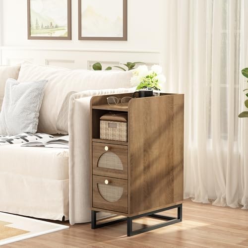 Narrow Nightstand for Small Spaces - 9.3" Slim Side Table with Rattan-Weave Drawers, Skinny Bedside Table with Open Shelf, Rustic Tall Thin Gap Filler for Bedroom & Sofa Side, Caramel Oak