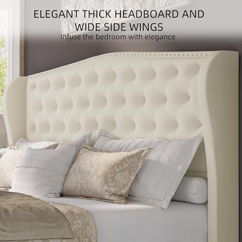 BRELTAM Upholstered Queen Size Bed Frame Velvet Beige Tufted Platform Bed Frame with Wingback Headboard & Footboard, with Deep Button Tufted & Nailhead Wooden Slats Support, No Box Spring Needed