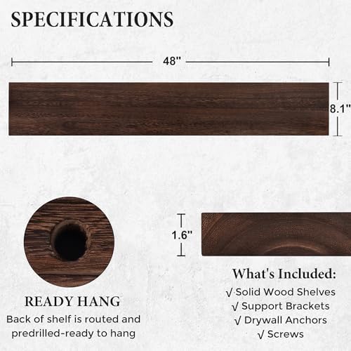 Axeman Floating Shelves, 8 Inch Deep Rustic Solid Wood Wall Shelves for Storage, Wall Mounted Display Shelving with Invisible Heavy-Duty Metal Bracket, 48" W x 8" D x 1.6" H, Rustic Brown