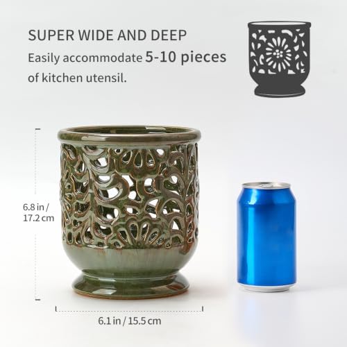 6.8" Ceramic Kitchen Utensil Holder, Utensil Crock, Green