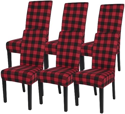 SearchI Christmas Chair Covers Set of 6, Stretch Xmas Kitchen Chair Cover Removable Washable Holiday Parsons Chair Slipcovers for Dining Room, Christmas Decoration, Ceremony (Black/Red Plaid)