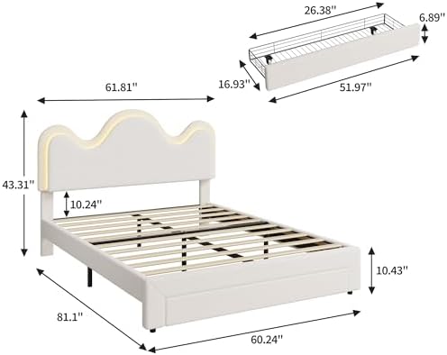 IDEALHOUSE Queen Bed Frame with LED Headboard and Under-Bed Drawer, Metal Upholstered Platform Bed with LED Light for Kids, Girls, Lamb Fleece Fabric, Wooden Slats Support, No Box Spring Needed, White