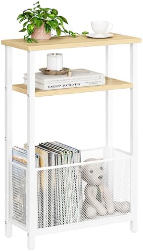MMEOLUOOK Narrow Side Table with Storage Basket Skinny End Tables for Smalls Spaces 3 Tier Sofa Table Small Nightstand Slim Bedside Table for Living Room Bedroom Natural Wood MLBZ22Y