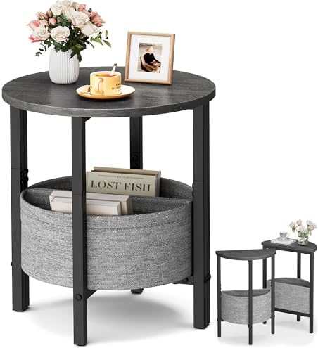 Vagusicc Small Round Side Table End Table, Tall Accent Table with Storage Basket, Set of 2 Half Round Table Half Moon Tables, Coffee Bedside Table Modern Nightstand for Living Room Bedroom Gray Walnut