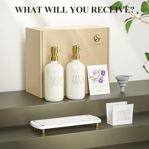 Cisily Kitchen Soap Dispenser Set Comes with Ceramics Sponge Holder, Gold Pumps, and Instant Dry Tray, Hand and Dish Soap Dispenser Set (4, Gold + Off White + Sponge Holder)
