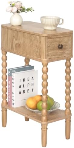 Fultyle Narrow End Table, Slim Small Side Table with Drawer and Open Shelf