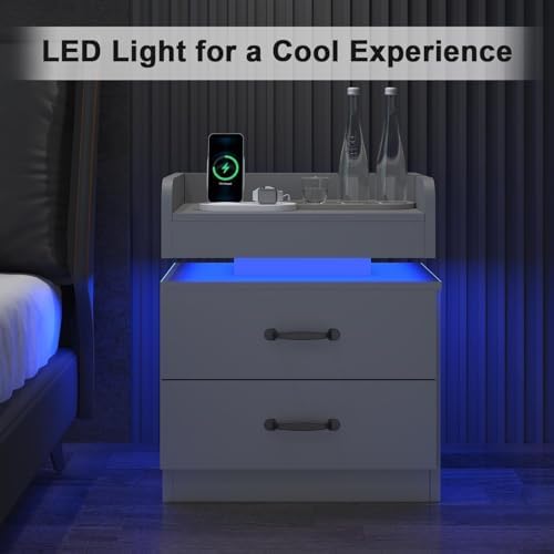 4ever2buy Grey Nightstand Set of 2 with Charging Station and LED Lights