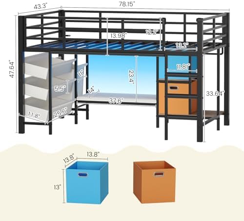 DICTAC Low Loft Bed Twin Size with Storage Bins and Reading Corner, Black