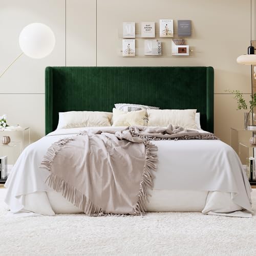 SHA CERLIN King Corduroy Platform Bed with Tufted Wingback Headboard, Green