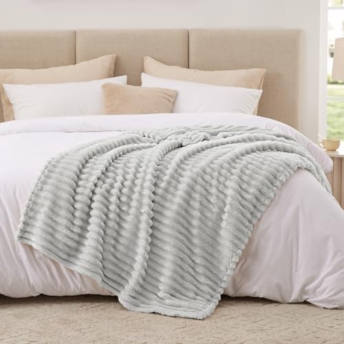 EXQ Home Stripe Jacquard Throw Blanket Light Grey for Couch Gentle Soft