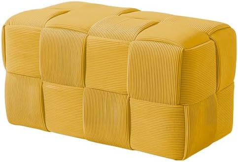 Cmishe 28" Rectangular Woven Corduroy Ottoman Footrest - Large Modern Entryway Bench & Bed End Stool, Sturdy Wood Frame, No Assembly (Yellow-L)